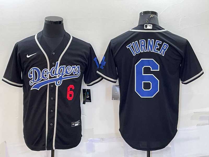 Men%27s Los Angeles Dodgers #6 Trea Turner Black Cool Base Stitched Baseball Jersey